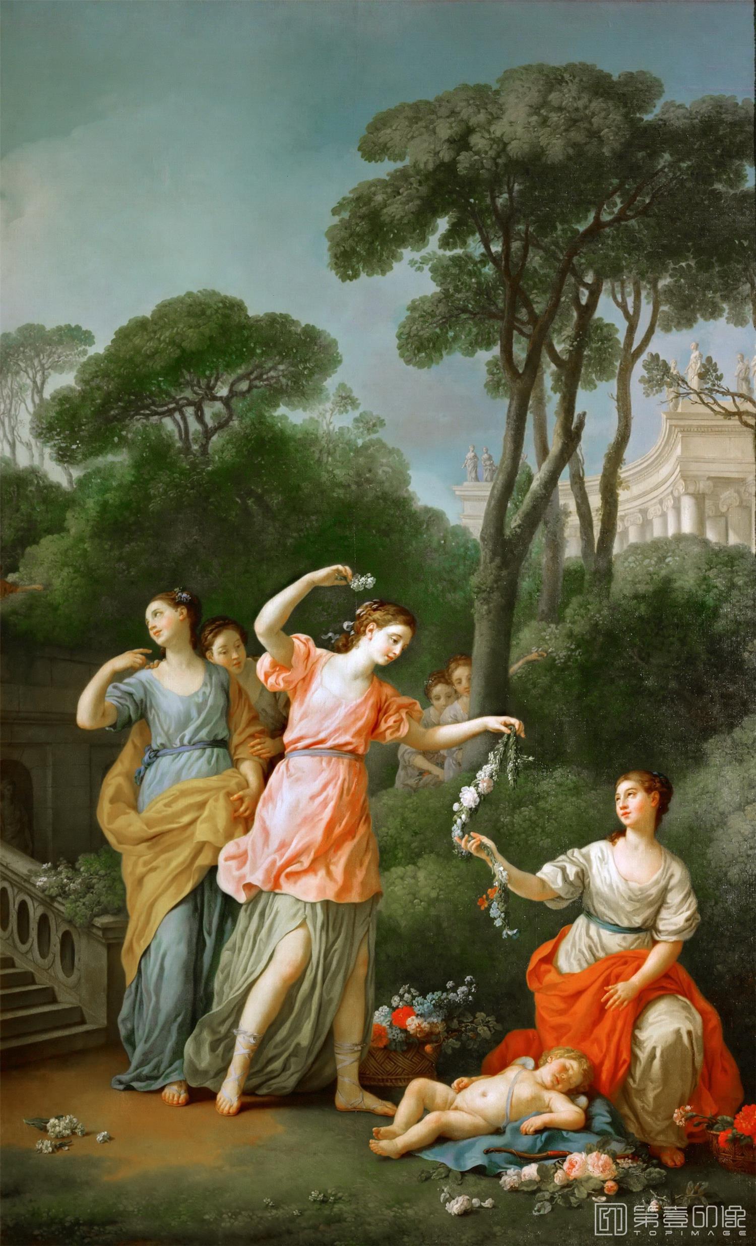油画-卢浮宫-Joseph-Marie VienYoung Greek girls bestowing garlands on sleeping Amor-1185